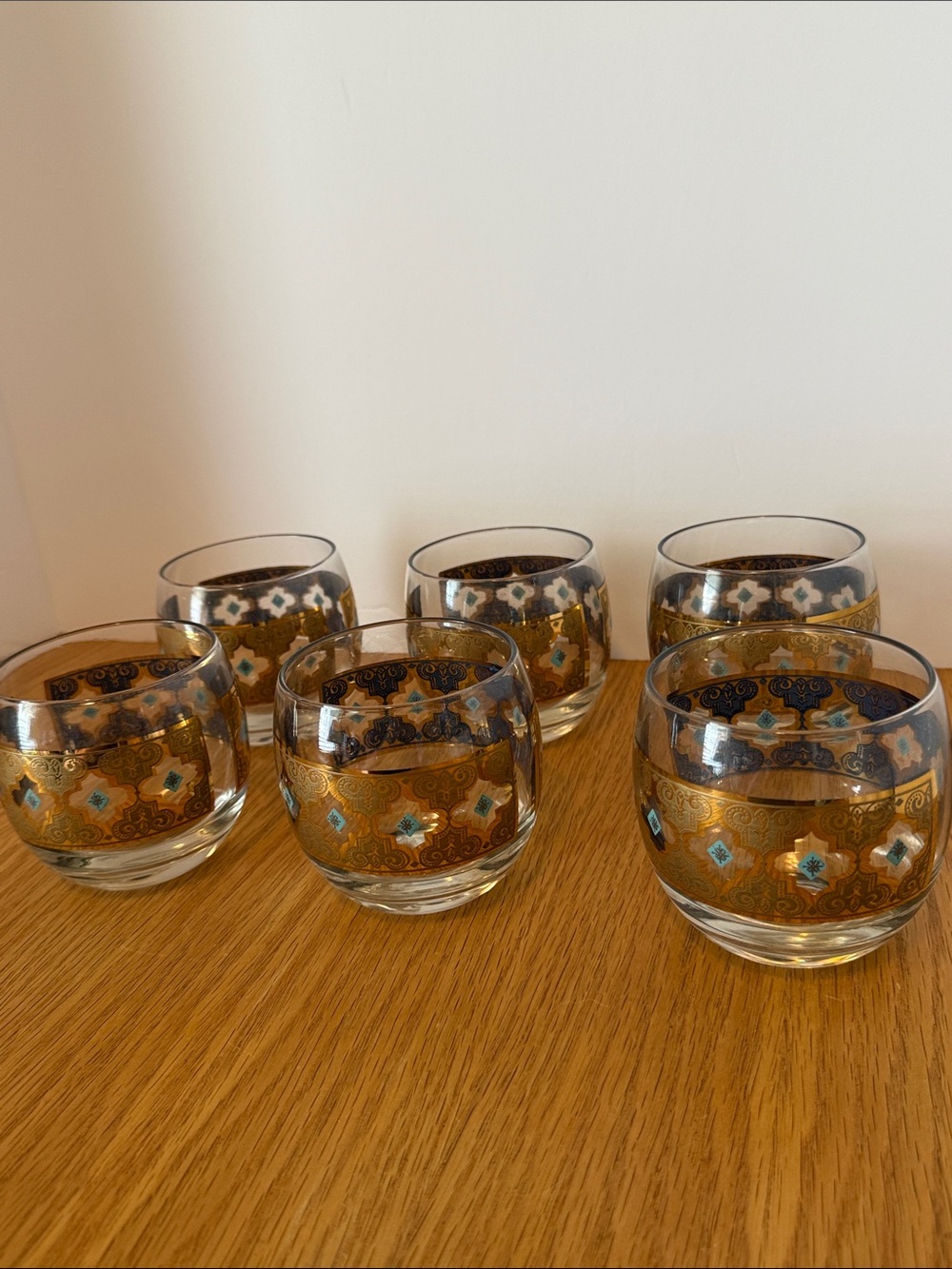 Culver Seville Roly Poly Glasses - set of 6 Gold and Turquoise 1950’s